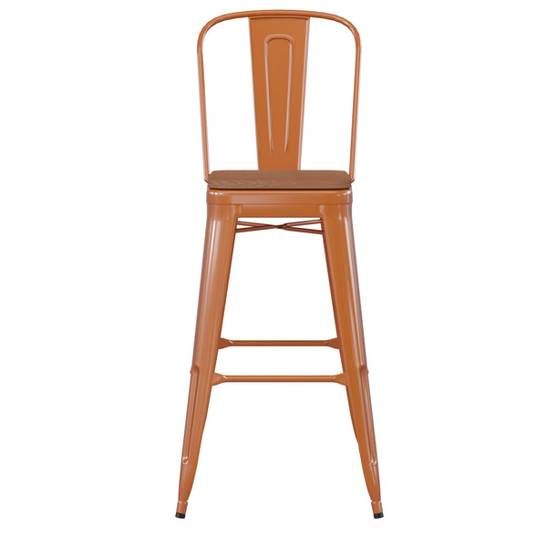 Orange/Teak |#| All-Weather Commercial Bar Stool with Removable Back/Poly Seat-Orange/Teak