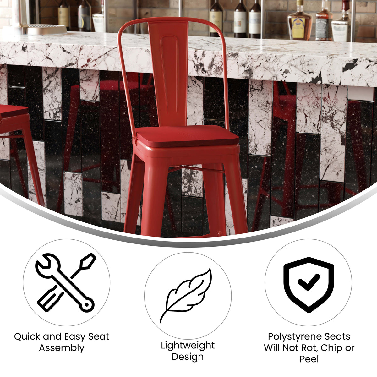 Red/Red |#| All-Weather Commercial Bar Stool with Removable Back/Poly Seat-Red/Red