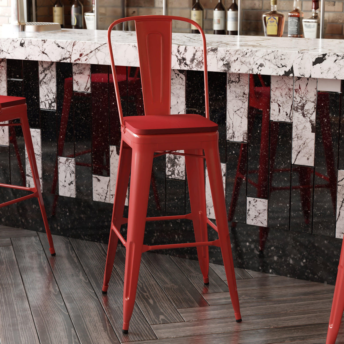 Red/Red |#| All-Weather Commercial Bar Stool with Removable Back/Poly Seat-Red/Red