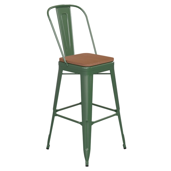 Green/Teak |#| All-Weather Commercial Bar Stool with Removable Back/Poly Seat-Green/Teak