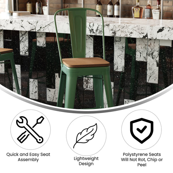 Green/Teak |#| All-Weather Commercial Bar Stool with Removable Back/Poly Seat-Green/Teak