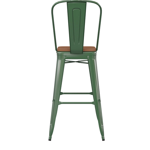 Green/Teak |#| All-Weather Commercial Bar Stool with Removable Back/Poly Seat-Green/Teak