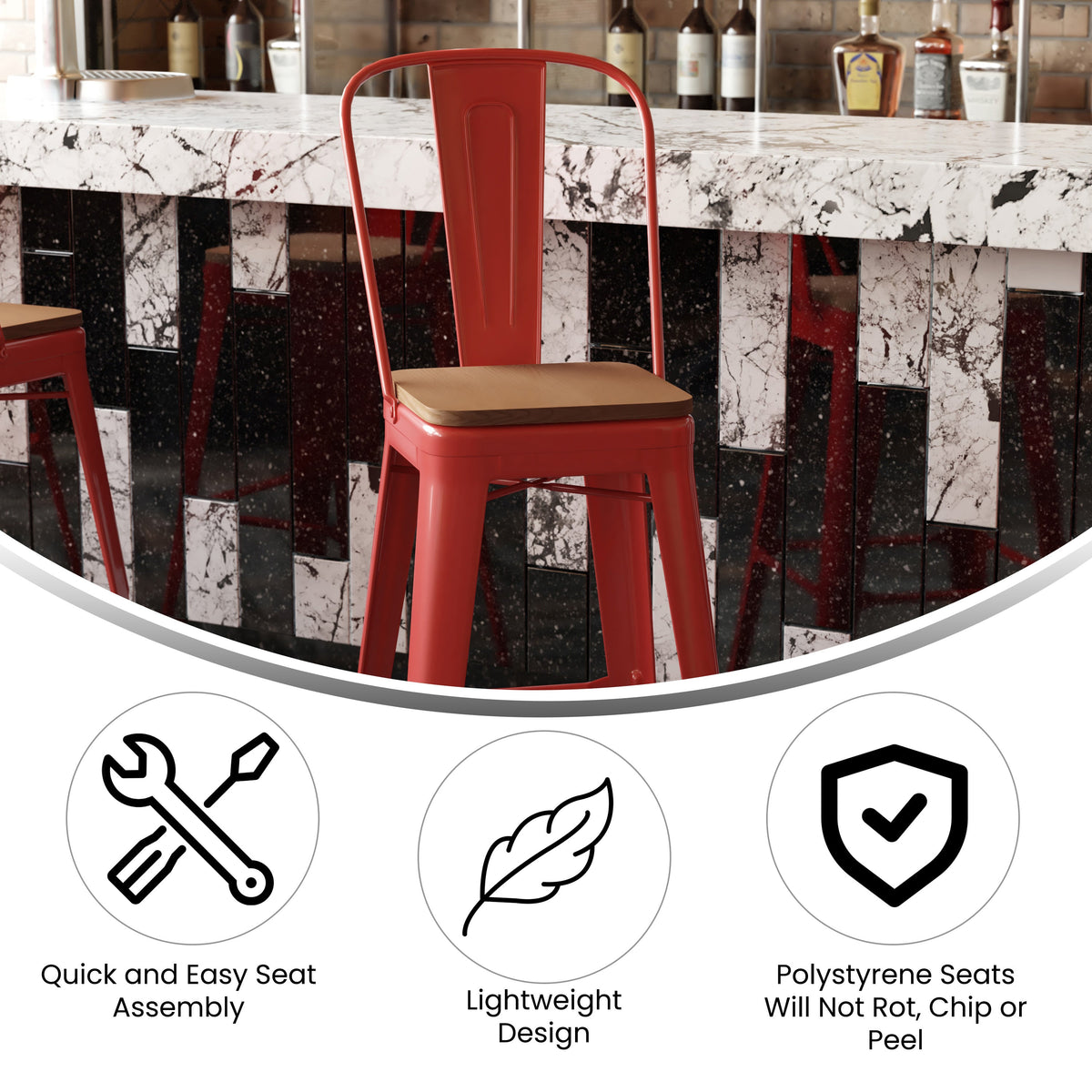 Red/Teak |#| All-Weather Commercial Bar Stool with Removable Back/Poly Seat-Red/Teak