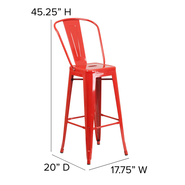 Red/Teak |#| All-Weather Commercial Bar Stool with Removable Back/Poly Seat-Red/Teak