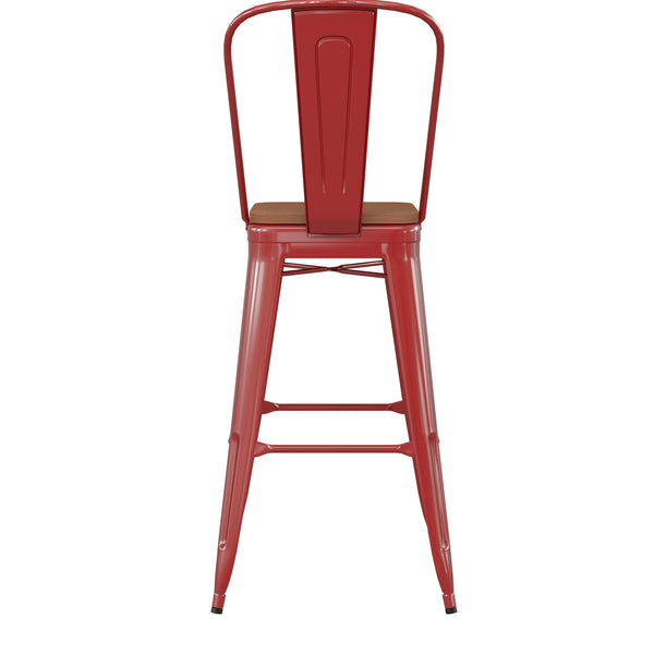 Red/Teak |#| All-Weather Commercial Bar Stool with Removable Back/Poly Seat-Red/Teak