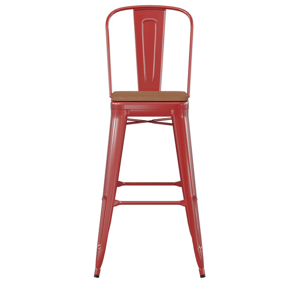 Red/Teak |#| All-Weather Commercial Bar Stool with Removable Back/Poly Seat-Red/Teak