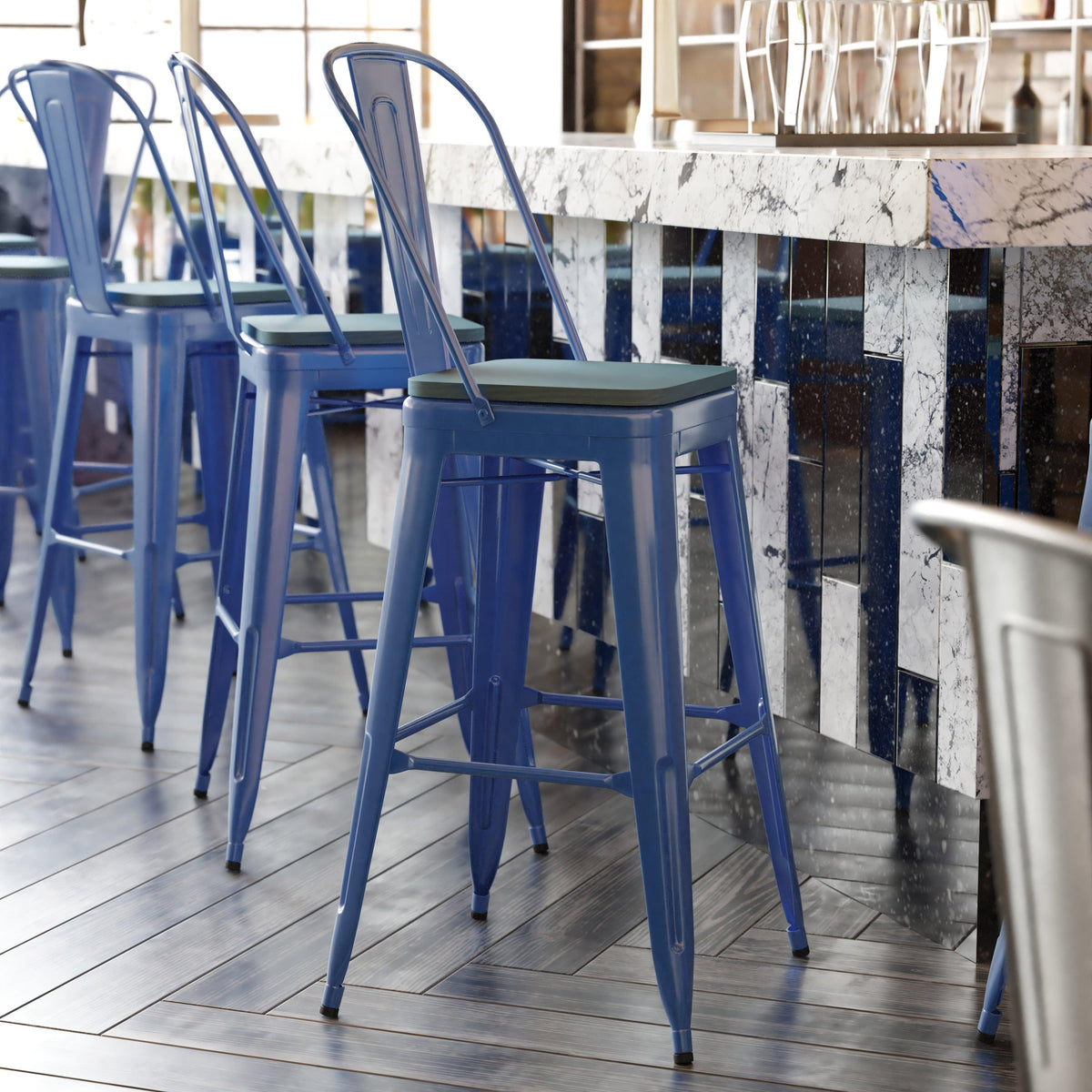 Blue/Teal-Blue |#| All-Weather Commercial Bar Stool with Removable Back/Poly Seat-Blue/Teal