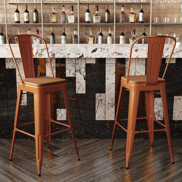 Orange/Teak |#| All-Weather Commercial Bar Stool with Removable Back/Poly Seat-Orange/Teak