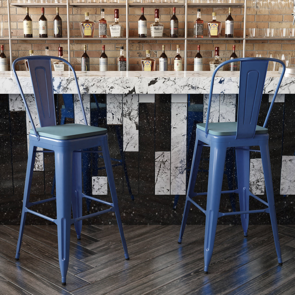 Blue/Teal-Blue |#| All-Weather Commercial Bar Stool with Removable Back/Poly Seat-Blue/Teal