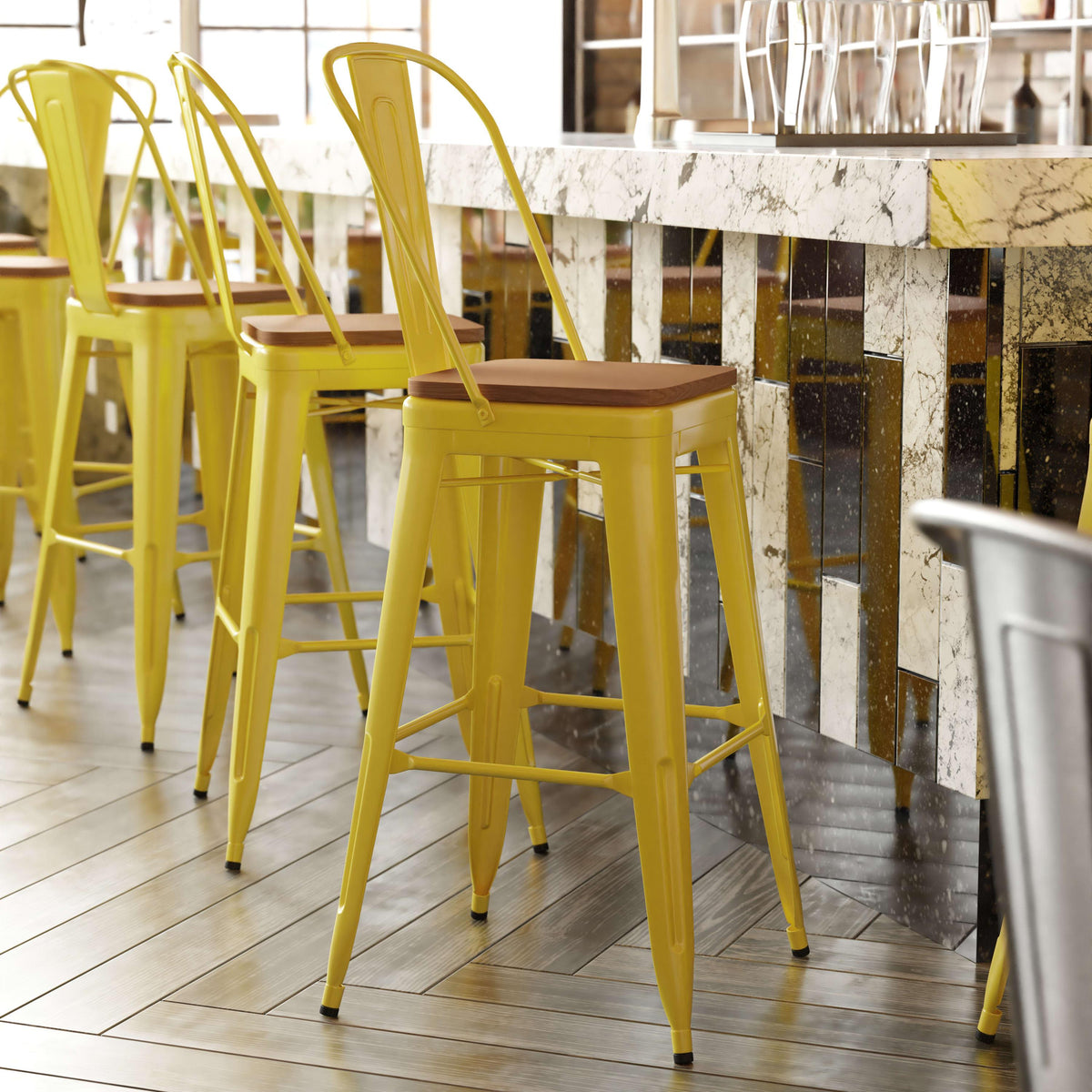 Yellow/Teak |#| All-Weather Commercial Bar Stool with Removable Back/Poly Seat-Yellow/Teak