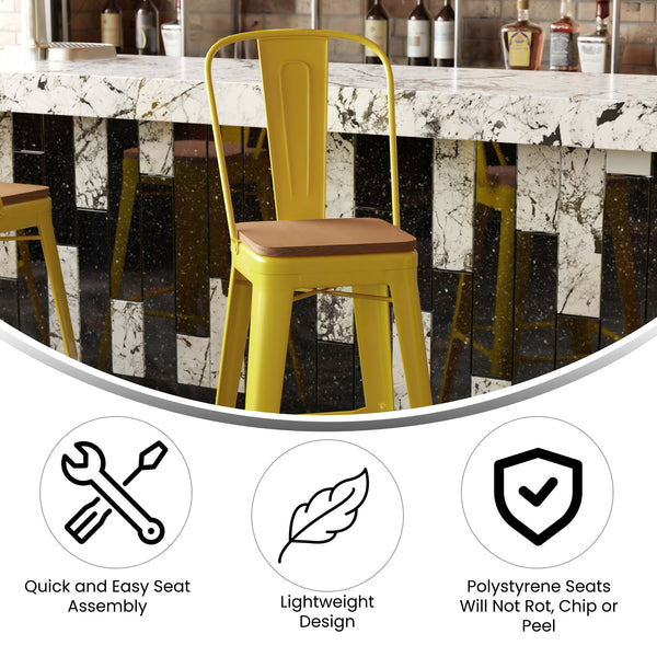 Yellow/Teak |#| All-Weather Commercial Bar Stool with Removable Back/Poly Seat-Yellow/Teak