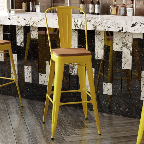 Yellow/Teak |#| All-Weather Commercial Bar Stool with Removable Back/Poly Seat-Yellow/Teak