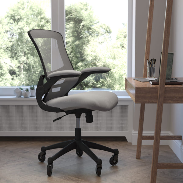 Dark Gray Mesh/Black Frame |#| Ergonomic Swivel Task Chair with Roller Wheels & Flip Up Arms - Gray Mesh