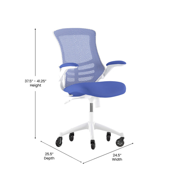 Blue Mesh/White Frame |#| Ergonomic Swivel Task Chair with Roller Wheels & Flip Up Arms - Blue Mesh