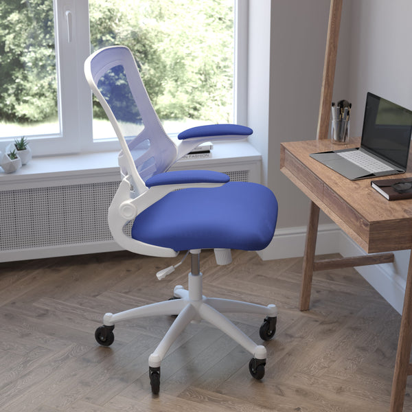 Blue Mesh/White Frame |#| Ergonomic Swivel Task Chair with Roller Wheels & Flip Up Arms - Blue Mesh