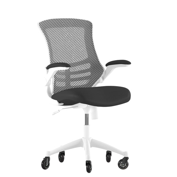 Black Mesh/White Frame |#| Ergonomic Swivel Task Chair with Roller Wheels & Flip Up Arms - Black Mesh