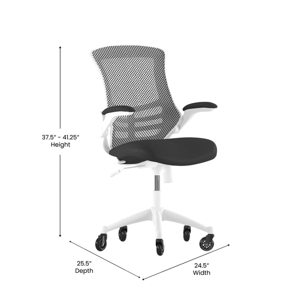 Black Mesh/White Frame |#| Ergonomic Swivel Task Chair with Roller Wheels & Flip Up Arms - Black Mesh