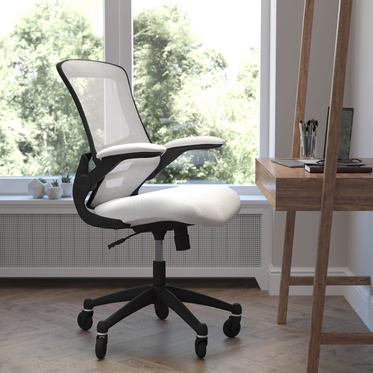 White Mesh/Black Frame |#| Ergonomic Swivel Task Chair with Roller Wheels & Flip Up Arms - White Mesh