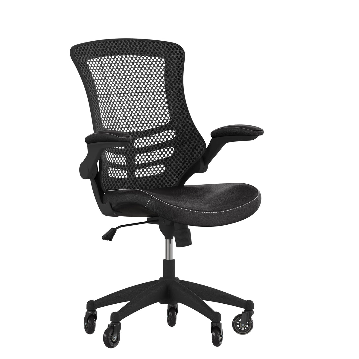 Black Mesh & LeatherSoft/Black Frame |#| Ergonomic Swivel Task Chair with Roller Wheels & Flip Up Arms-Black LeatherSoft