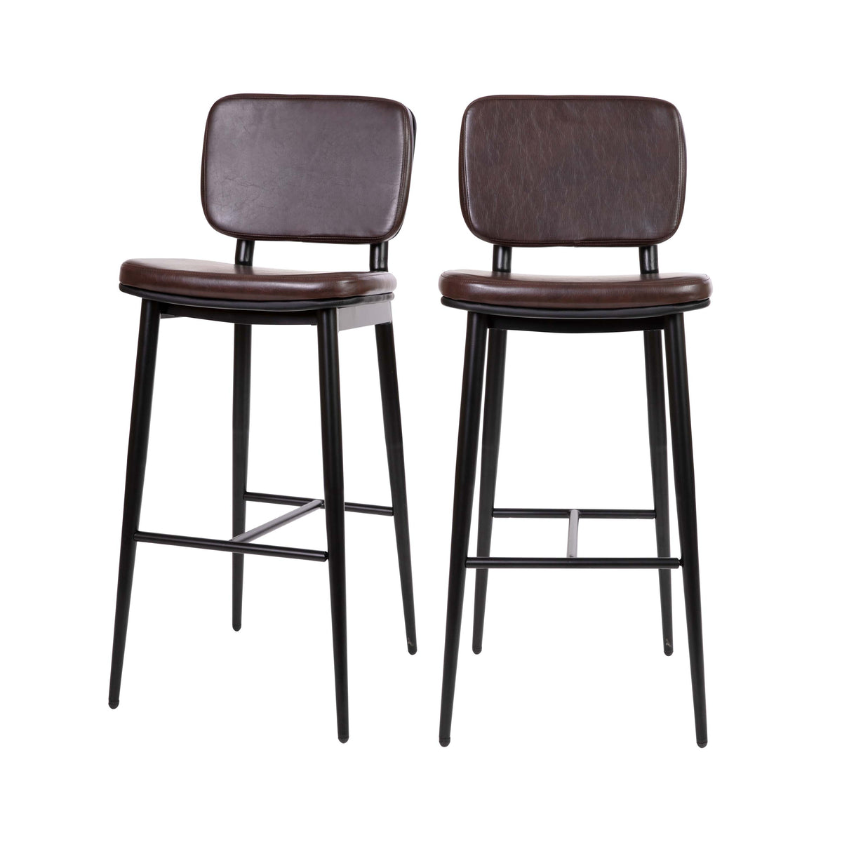 Brown |#| Set of 2 Brown LeatherSoft Barstools with Black Iron Frame-Integrated Footrest