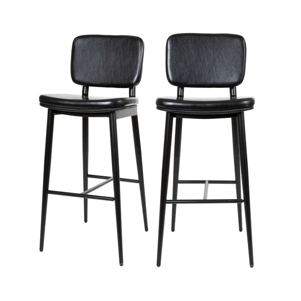 Black |#| Set of 2 Black LeatherSoft Barstools with Black Iron Frame-Integrated Footrest