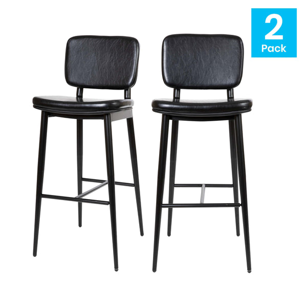 Black |#| Set of 2 Black LeatherSoft Barstools with Black Iron Frame-Integrated Footrest