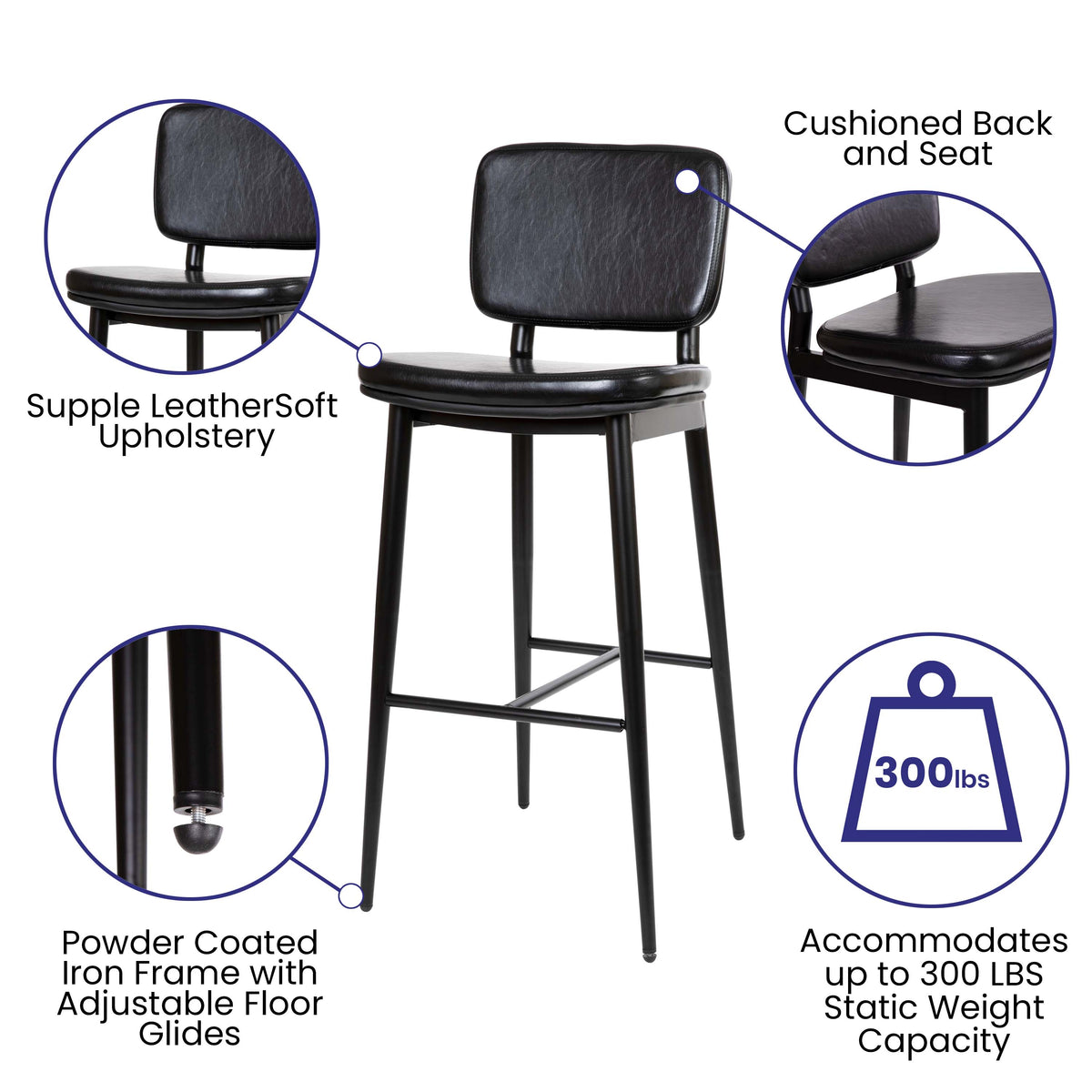 Black |#| Set of 2 Black LeatherSoft Barstools with Black Iron Frame-Integrated Footrest