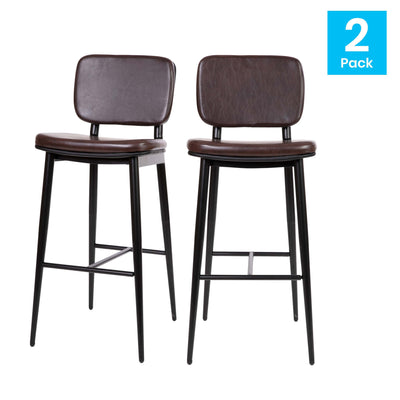 Kenzie Commercial Grade Mid-Back Barstools - LeatherSoft Upholstery - Iron Frame with Integrated Footrest - Set of 2