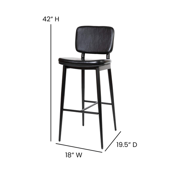 Black |#| Set of 2 Black LeatherSoft Barstools with Black Iron Frame-Integrated Footrest