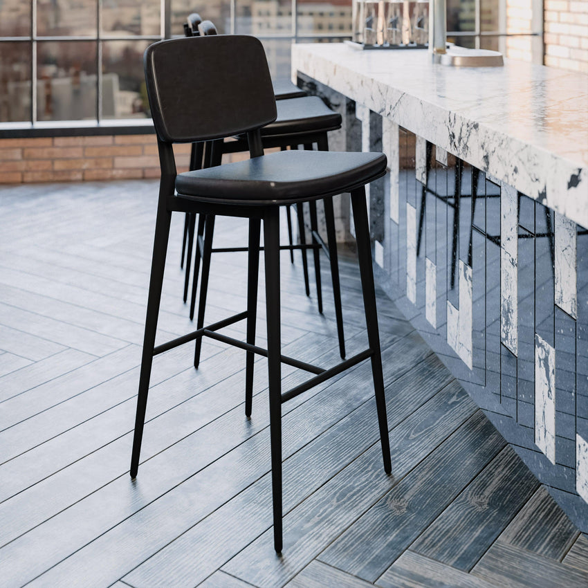 Kenzie Commercial Grade Mid-Back Barstools - LeatherSoft Upholstery - Iron Frame with Integrated Footrest - Set of 2