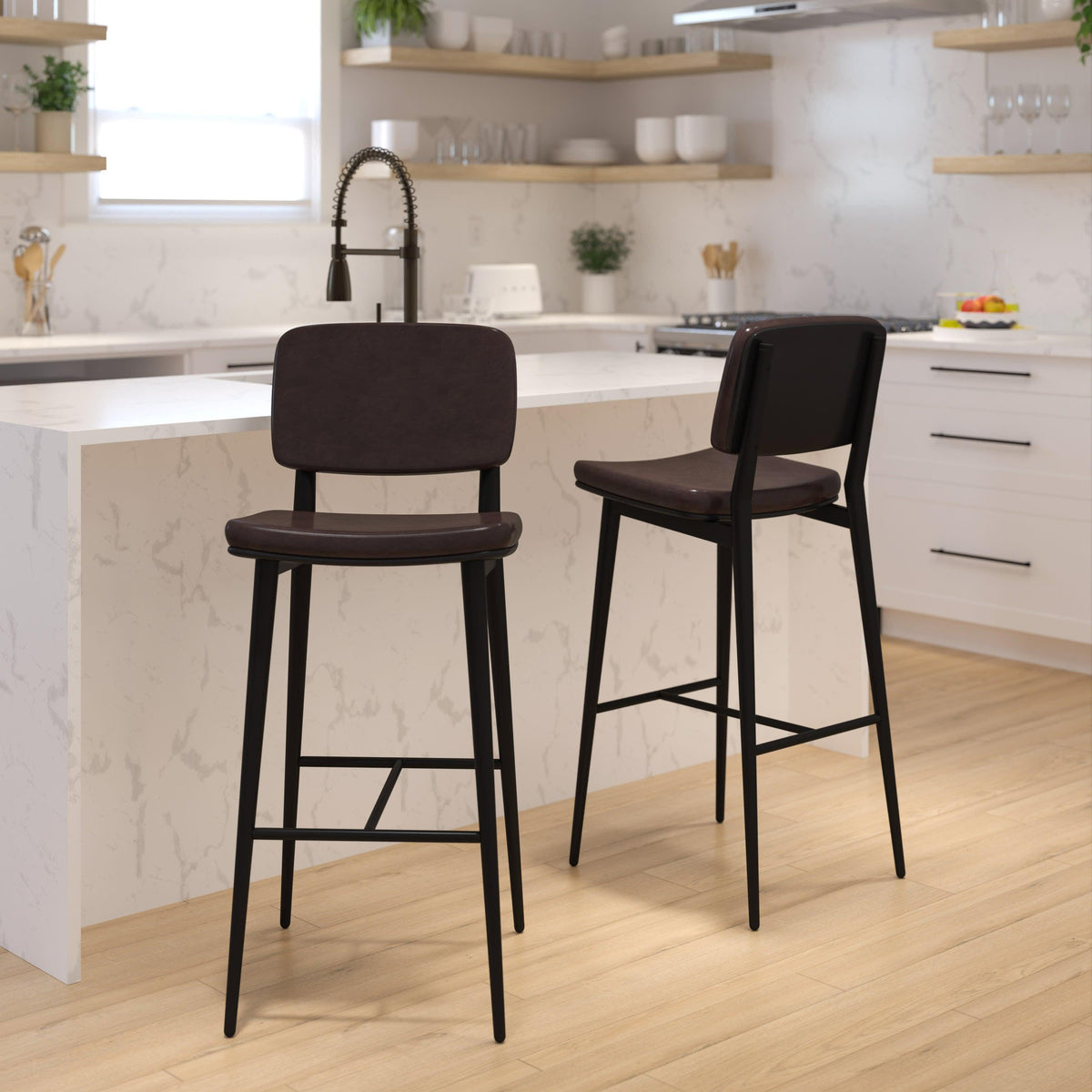 Brown |#| Set of 2 Brown LeatherSoft Barstools with Black Iron Frame-Integrated Footrest