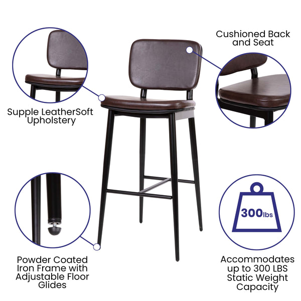 Brown |#| Set of 2 Brown LeatherSoft Barstools with Black Iron Frame-Integrated Footrest