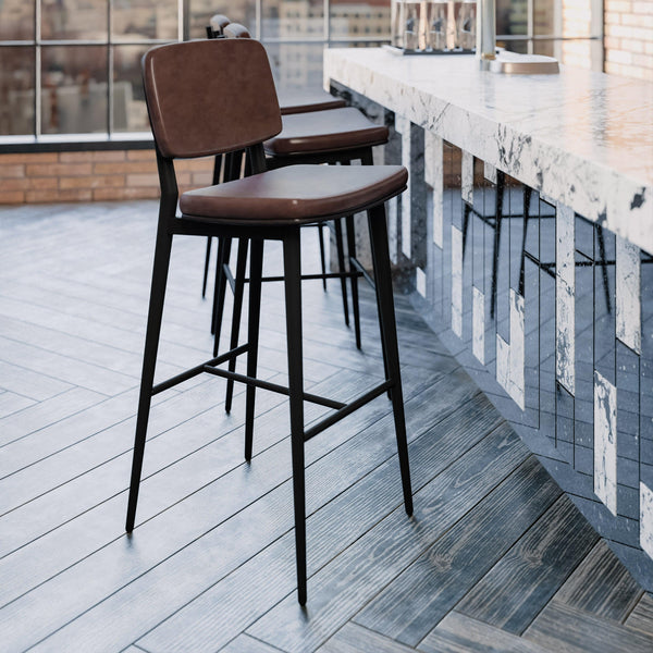 Brown |#| Set of 2 Brown LeatherSoft Barstools with Black Iron Frame-Integrated Footrest