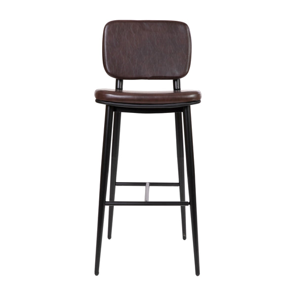 Brown |#| Set of 2 Brown LeatherSoft Barstools with Black Iron Frame-Integrated Footrest