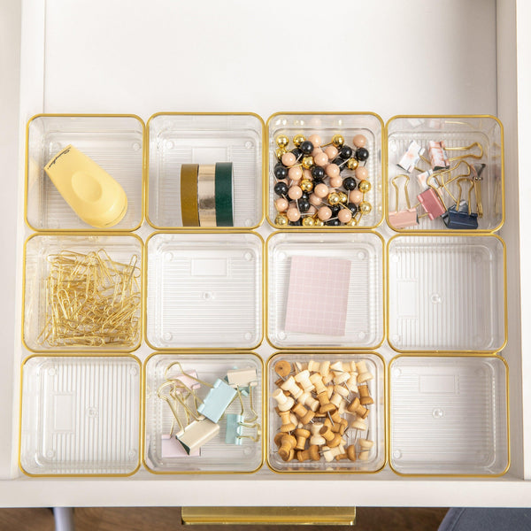 Set of 12 Plastic Stacking Desk Drawer Organizers with Gold Trim - 3 x 3