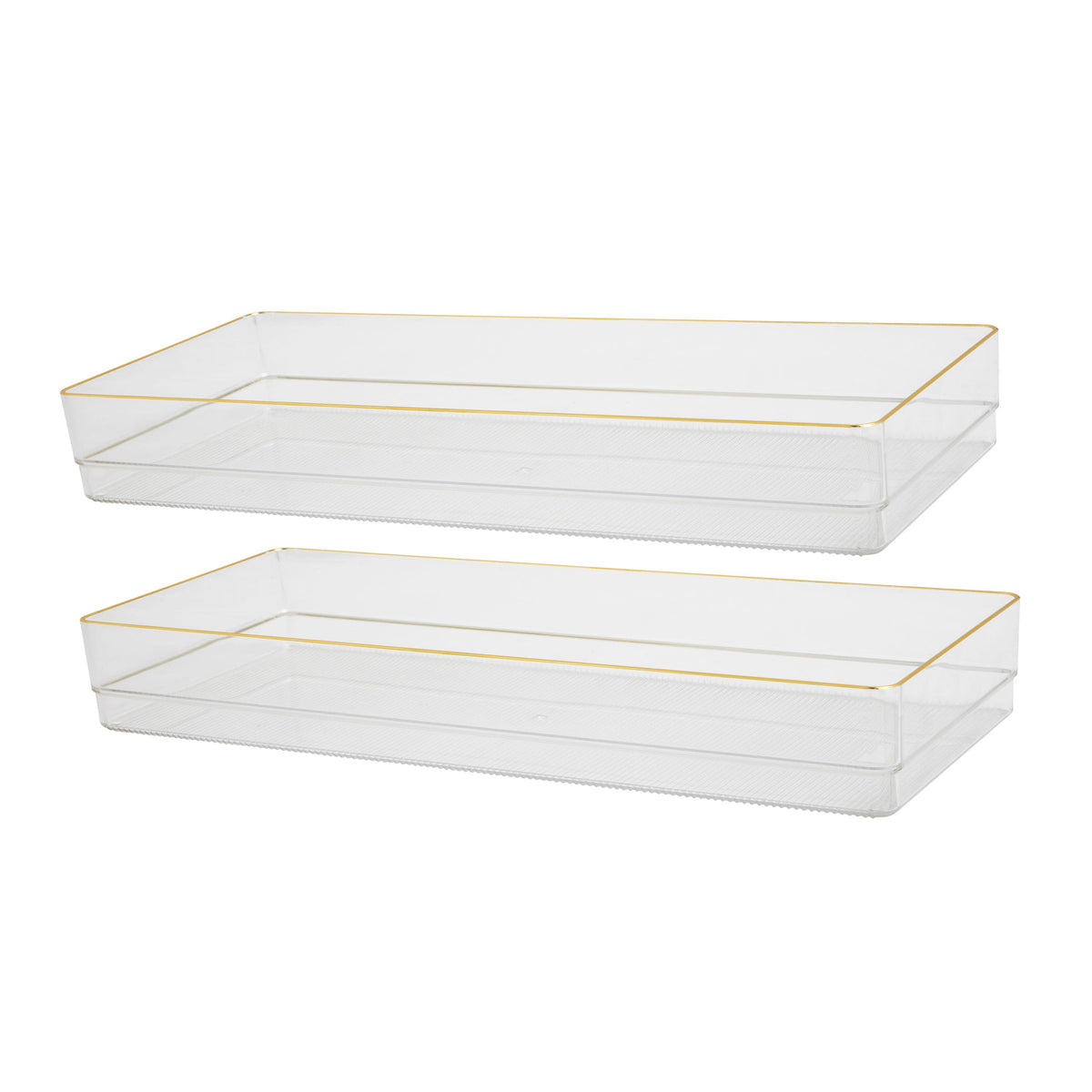 Set of 2 Plastic Stacking Desk Drawer Organizers with Gold Trim - 15 x 6