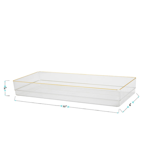 Set of 2 Plastic Stacking Desk Drawer Organizers with Gold Trim - 15 x 6