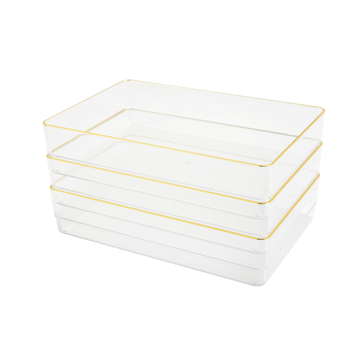 Set of 3 Plastic Stacking Desk Drawer Organizers with Gold Trim - 9 x 6