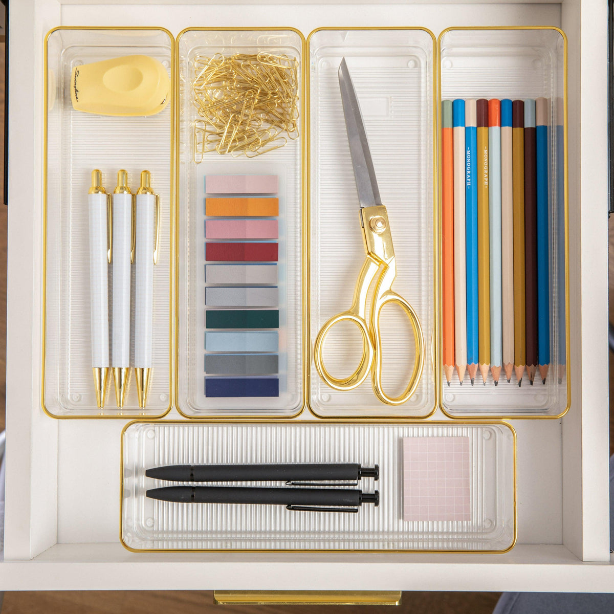 Set of 6 Plastic Stacking Desk Drawer Organizers with Gold Trim - 12 x 3