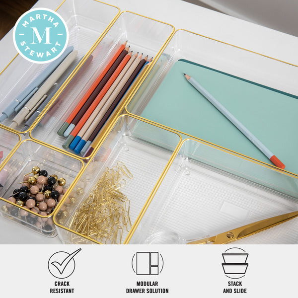 Set of 8 Plastic Stacking Office Desk Drawer Organizers with Gold Trim