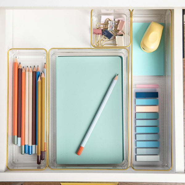 Set of 8 Plastic Stacking Office Desk Drawer Organizers with Gold Trim