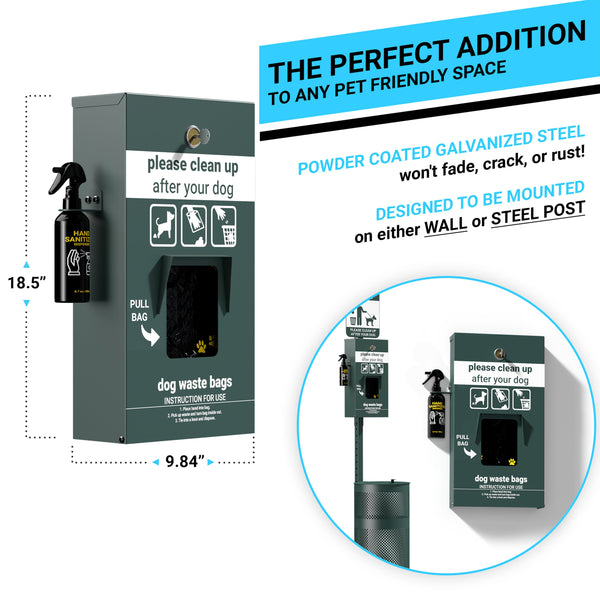 Mountable Locking Pull Out Pet Waste Bag Dispenser with Hand Sanitizer Bottle