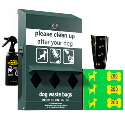 Kessler Locking Dog Waste Bag Dispenser with Glow in the Dark Sign, Hand Sanitizer Bottle and Rain Guard - 600 Roll Bags Included - View 1
