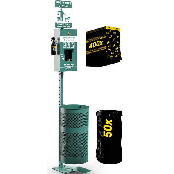Pet Waste Station-Header Dispenser-Hand Sanitizer Bottle-Pedal Trash Can-Green