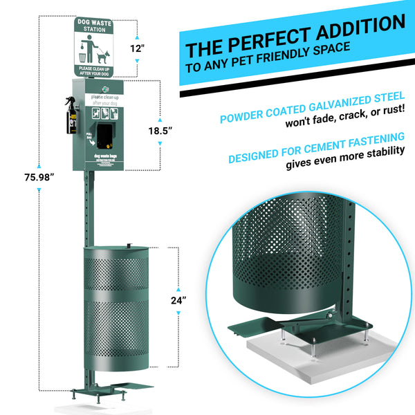 Pet Waste Station-Header Dispenser-Hand Sanitizer Bottle-Pedal Trash Can-Green