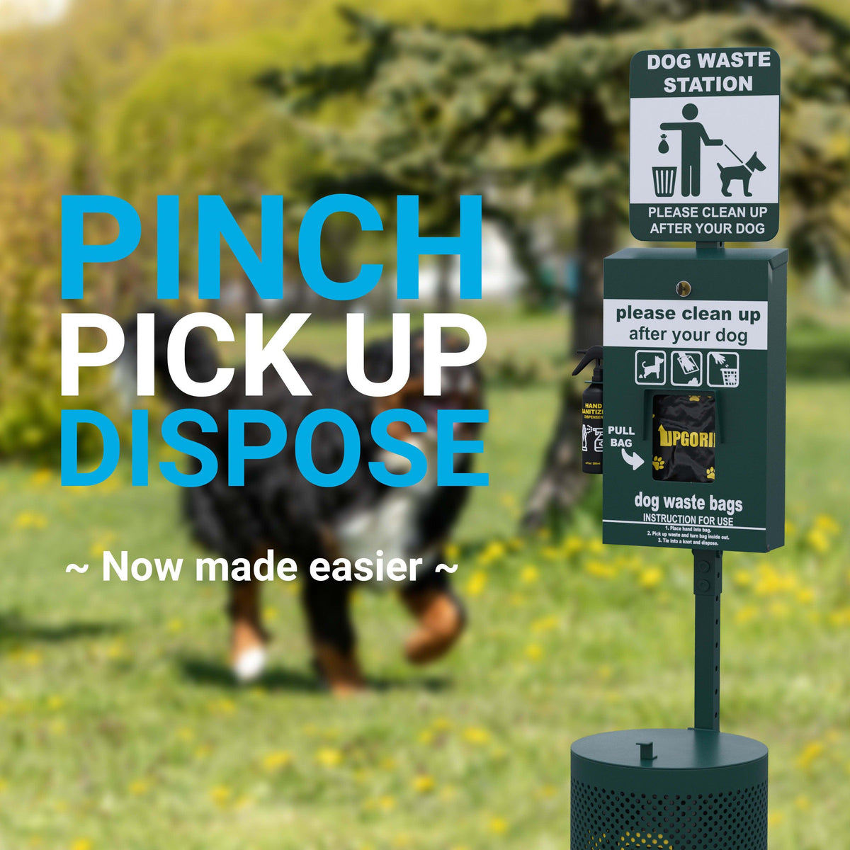 Pet Waste Station-Pull Out Bag Dispenser-Sanitizer Bottle-Trash Can w/Lid-Green
