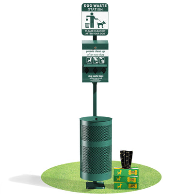 Kessler Pet Waste Station with Glow in the Dark Sign, Bag Dispenser, Hand Sanitizer & Trash Can with Lid - Includes 600 Roll Bags & 50 Can Liners - View 1