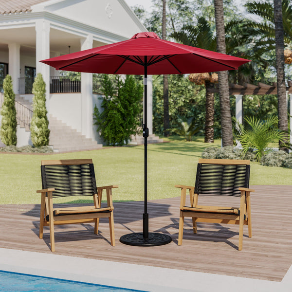 Red |#| Bundled Set - Red 9 FT Round Umbrella & Universal Black Cement Waterproof Base