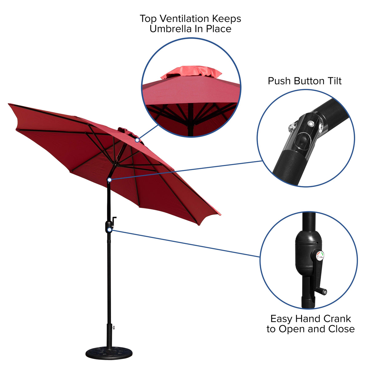 Red |#| Bundled Set - Red 9 FT Round Umbrella & Universal Black Cement Waterproof Base