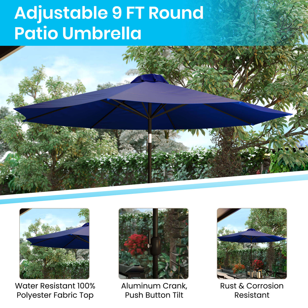 Navy |#| Bundled Set - Navy 9 FT Round Umbrella & Universal Black Cement Waterproof Base